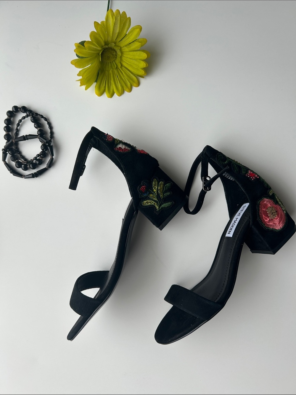 Steve Madden Black Embroidered Block Heel Sandals with Floral Accents